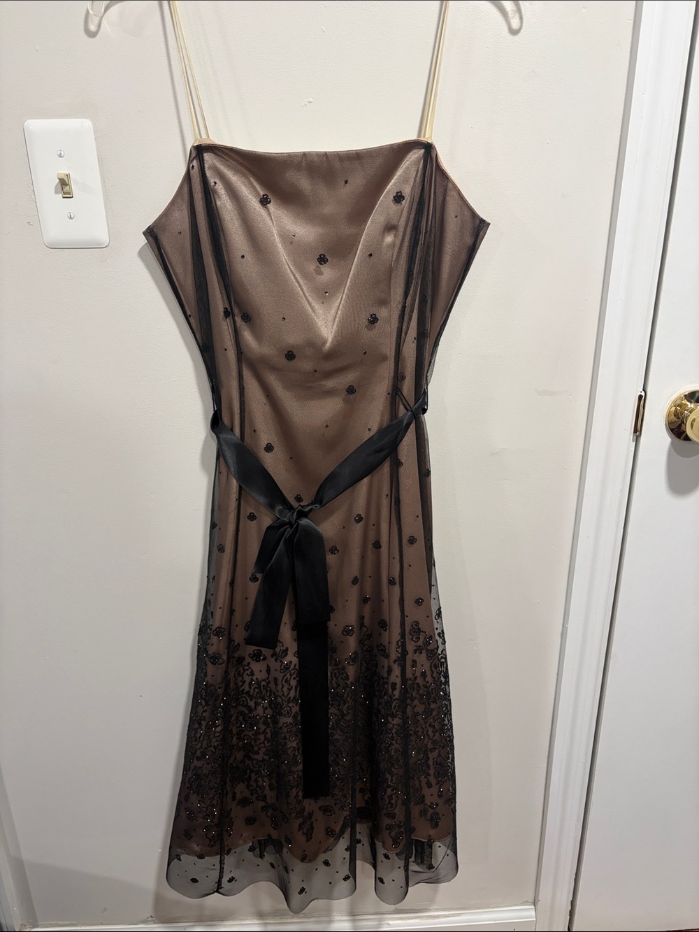 Papell Boutique Brown Slip Dress with Black Sheer Overlay and Sash